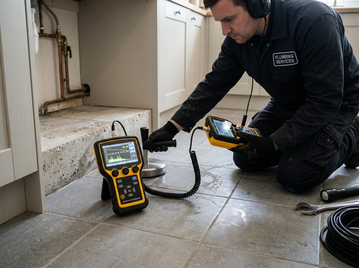 Plumbing specialist utilizing acoustic slab leak detection gear in San Marcos home