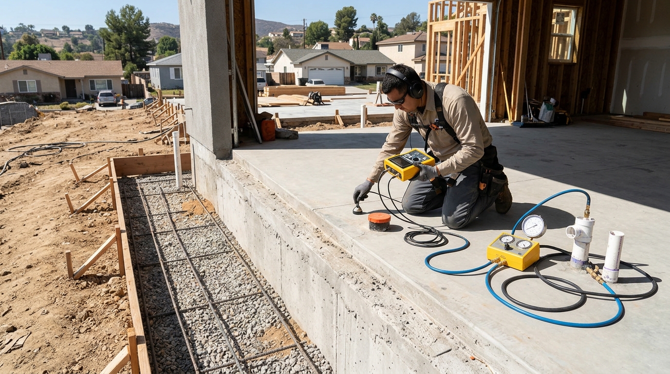 Plumbing technician inspecting foundation water line in San Marcos TX